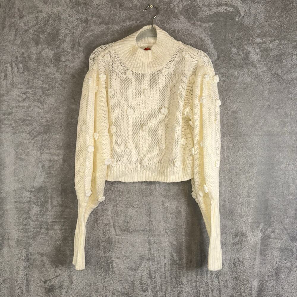 Farm Rio Women's White Mock Neck 3D Floral Pom Pom Cropped Knit Sweater Sz S